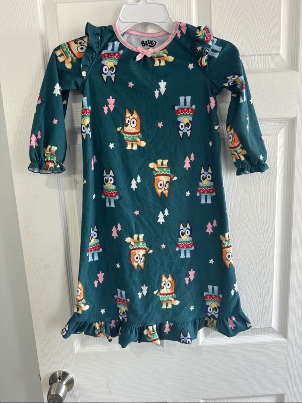 Disney Teal Bluey Print Ruffle-Hem Nightgown with Pink Trim